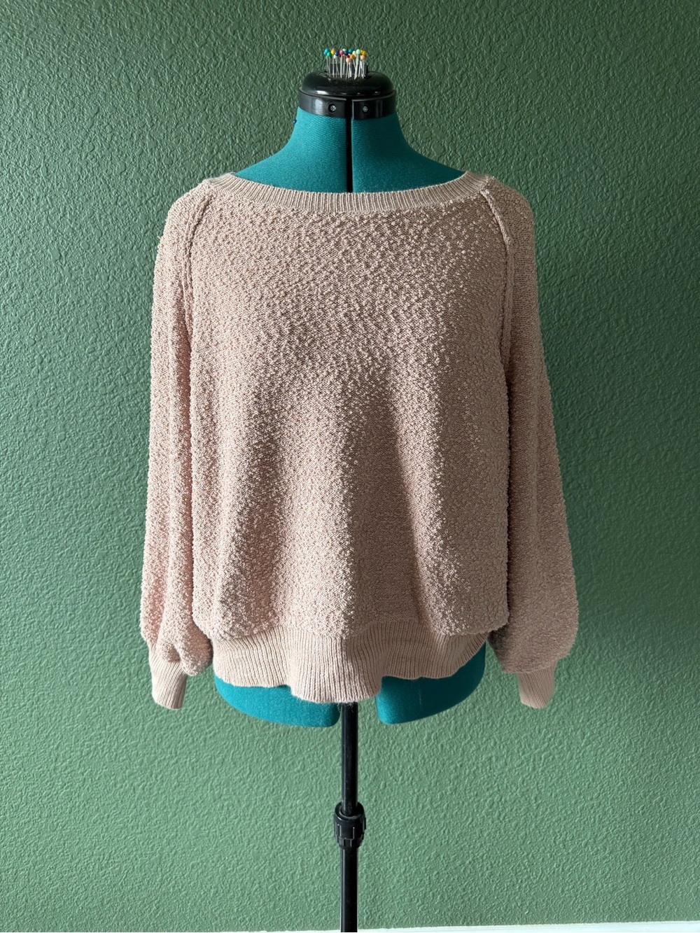 Dreamers Textured Scoop Neck Sweater w/ Lantern Sleeves in Blush Pink